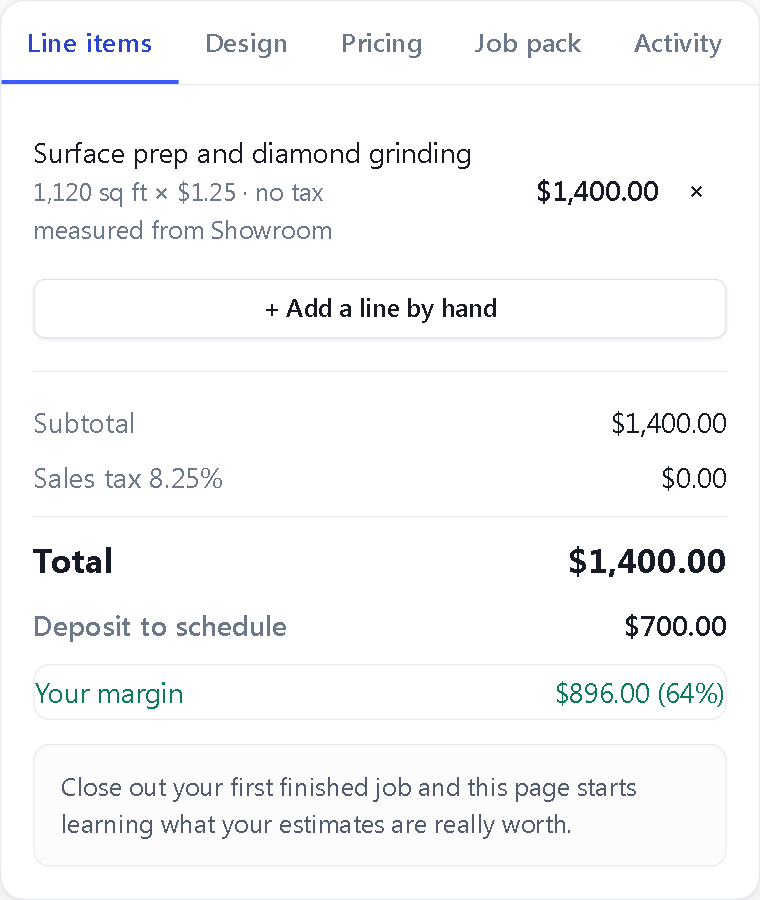The quote's line items, with the measured quantity and the rate