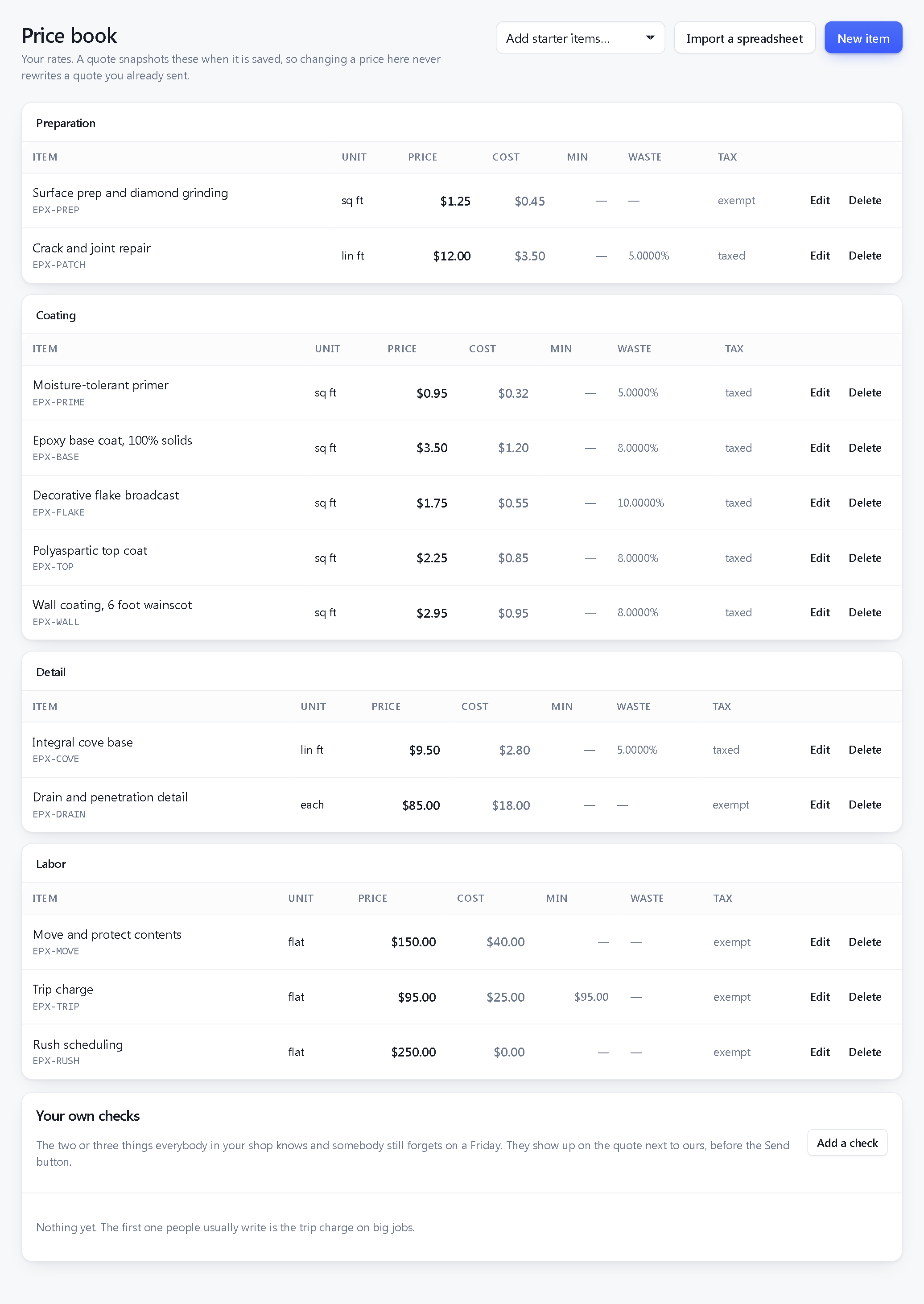 The price book, with units, rates and waste factors